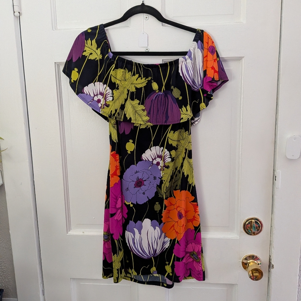 Trina Turk Floral Off Shoulder Dress M Black Multicolor Bold Print Stretch Mini - Picture 2 of 4